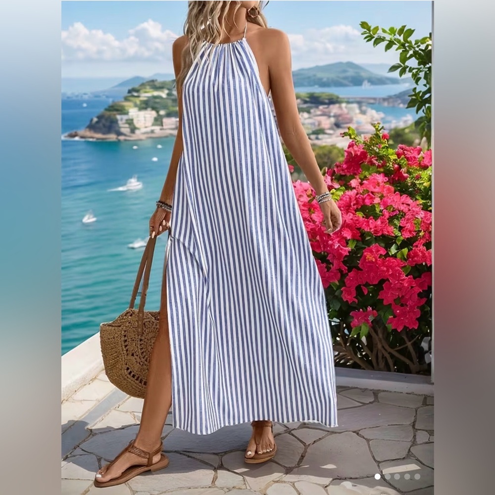 Blue and White Striped Nackless Halter Maxi Dress NWOT